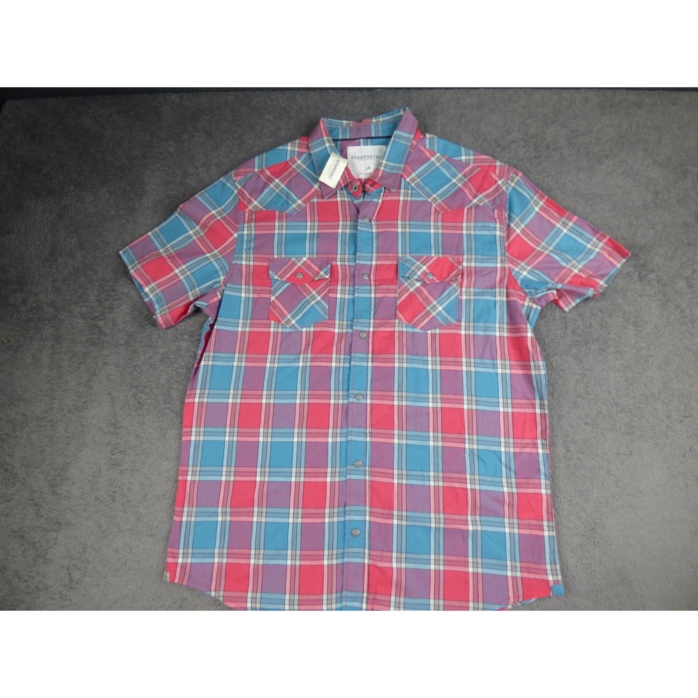 Aeropostale Mens Large Pink Blue Plaid Short Sleeve Western Snap Button Shirt